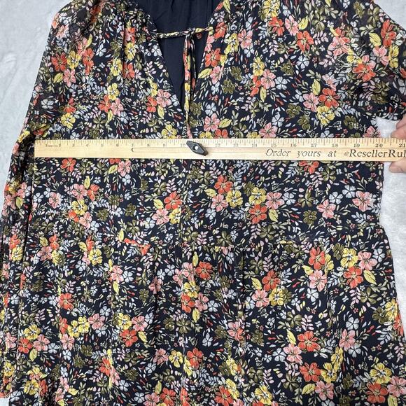 LOFT Dress Womens Medium Black Floral Long Sleeve Ruffle Neck Boho Tunic Lined - Picture 8 of 13